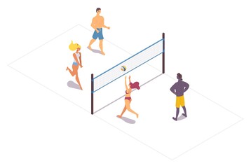 Fototapeta premium Isometric beach volleyball people moving and playing. Isolated on white 3d scene with young men and women jumping for ball near net