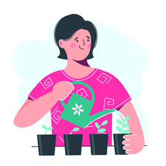 Young woman watering seedlings from a watering can. Care of plants at home.  Vector illustration in the flat design style.