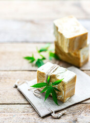 Natural handmade soap bars with cannabis. Spa organic soap. Bars of homemade soap.
