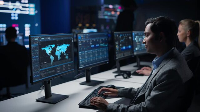 Confident Male Data Scientist Works on Personal Computer in Big Infrastructure Control Room. Stock Market Woman Specialist Uses Computer Showing Global Map, Charts, Information. Monitoring Room Team