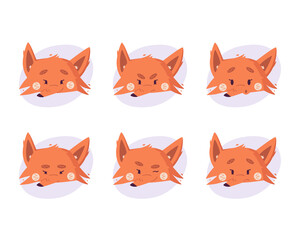 Set of cartoon fox emotions, different facial expressions isolated on white