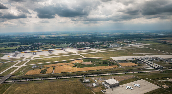Leipzig Schkeuditz, Germany, July 2020 Main Terminal building and empty apron due to coronavirus pandemic lockdown and travel restrictions - aerial view  
