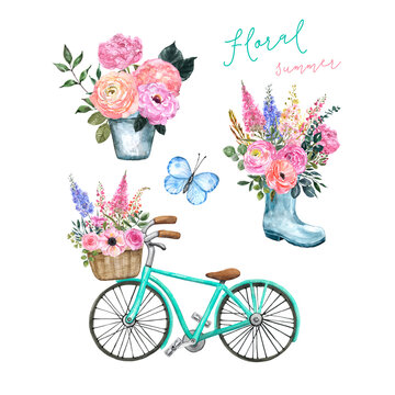 Watercolor summer garden illustration. Hand painted pink flowers, green mint bicycle with floral basket, rain boot vase, bouquet of delphiniums, peonies, greenery, isolated on white background.