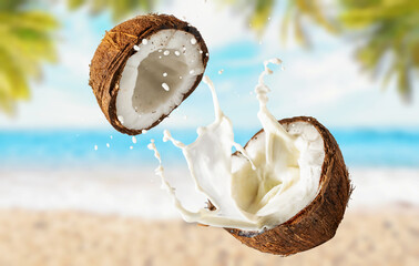 Coconut with milk on the background of the sea beach with palm trees