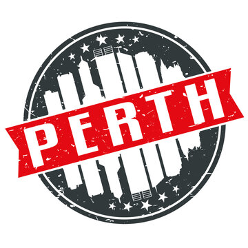 Perth Australia Round Travel Stamp. Icon Skyline City Design. Seal Tourism Ribbon.