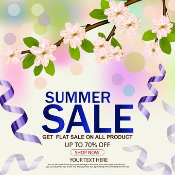 Summer sale discount design with beautiful background and branch of flowers. Season vocation, weekend, holiday logo. Happy shiny Day. Modern vector Lettering. 