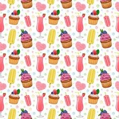 Watercolor seamless pattern. Sweets and hearts. Cocktail, cupcakes, ice cream on white. Hand drawn holiday background for design print, greeting card, invitation, wrapping paper, textile, scrapbooking