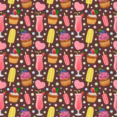 Watercolor seamless pattern. Sweets and hearts. Cocktails, cupcakes, ice cream on brown background. Hand drawn print for holiday design greeting card, invitation, wrapping paper, textile, scrapbooking