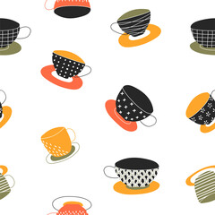 Seamless background-fun cups with different patterns. Coffee and tea cups. Vector illustration of ceramic, porcelain, clay cups-isolated on a white background