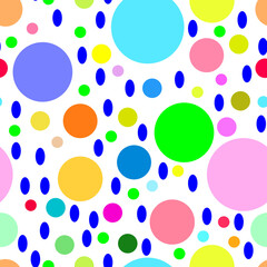 Seamless pattern with multi-colored yellow, orange, green, pink, purple, blue ovals and circles on a white background. Use for fabric, textile, napkins, packaging, web design, children's things.