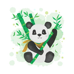 Cute panda with holding fresh bamboo. watercolor illustration