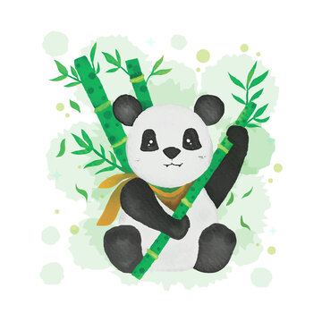 Cute panda with holding fresh bamboo. watercolor illustration