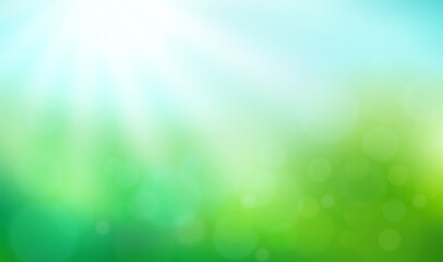 Fototapeta na wymiar Abstract nature blurred background with bokeh effect. Green gradient backdrop with sunlight. Ecology concept for your graphic design, banner or poster. Vector illustration.