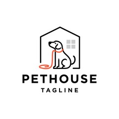 pet house logo design illustration with sitting dog wearing lash outline line icon