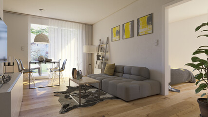 Small modern european Apartment interior - obrazy, fototapety, plakaty