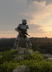  Science fiction of a futuristic sci-fi space marine scout standing on a rocky hill, 3d digitally rendered illustration © Algol