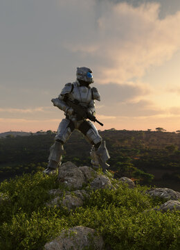 
Science fiction of a futuristic sci-fi space marine scout standing on a rocky hill, 3d digitally rendered illustration