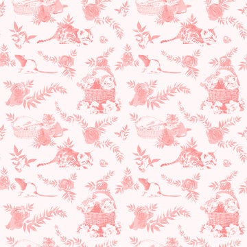 seamless retro vintage red toile de jouy illustration mouses repeat pattern