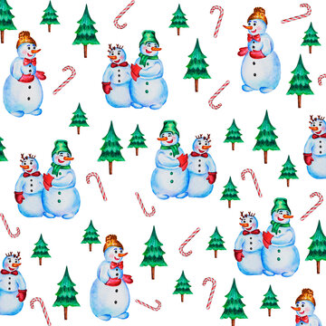 Watercolor pattern of snowmen and small Christmas trees. Hand drawing.

