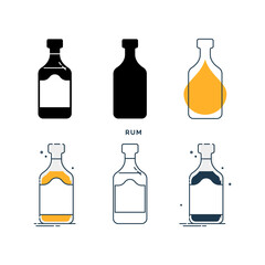 Set of bottles with rum in different styles. Template alcohol beverage for restaurant, bar, pub. Symbol party. Collection one drink. Isolated flat illustration on white background