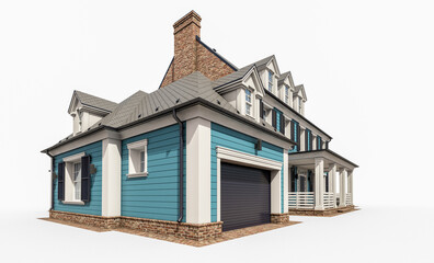 3d rendering of modern cozy classic house in colonial style with garage and pool for sale or rent. Isolated on white.