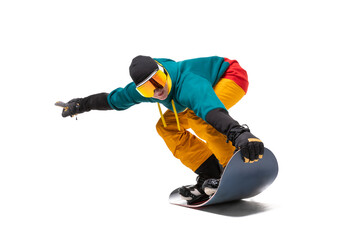 Portrait young man snowboarder jump on snowboard in sportswear isolated white background - obrazy, fototapety, plakaty