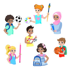 Happy school children of different nationalities. Back to school. Children with paints, pencils, balls, backpacks, books and a toy airplane. Collection of vector illustrations isolated on a white back