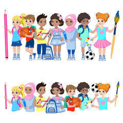 Happy school children of different nationalities. Back to school. Children with paints, pencils, balls, backpacks, books and a toy airplane. Collection of vector illustrations isolated on a white back