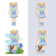 Girls in protective masks walk with dogs. Social distance. Quarantined children. Set of vector stickers.