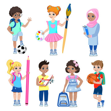 Happy school children of different nationalities. Back to school. Children with paints, pencils, balls, backpacks, books and a toy airplane. Collection of vector illustrations isolated on a white back