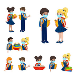 Pupils in protective masks go to school during an epidemic. A collection of images of schoolgirls and schoolchildren. Stop coronavirus. Vector illustration.