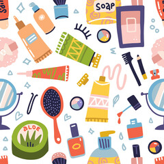 Fototapeta na wymiar Cosmetic and makeup seamless pattern. Cream tube, lipstick, nail polish, soap, eye shadows, round mirror. Flat hand drawn vector icons set. Woman stuff, girls accessories. Face, skin care products.