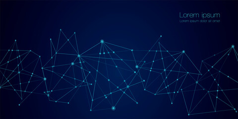 Abstract technology Network nodes with polygonal shapes on dark blue Vector background. Connection science and futuristic technology, digital structure, connected points, web.