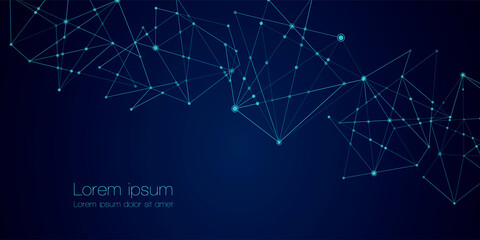 Abstract technology Network nodes with polygonal shapes on dark blue Vector background. Connection science and futuristic technology, digital structure, connected points, web.