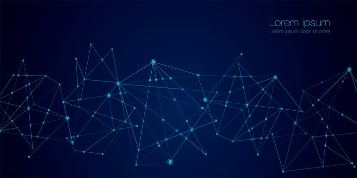 Abstract technology Network nodes with polygonal shapes on dark blue Vector background. Connection science and futuristic technology, digital structure, connected points, web.