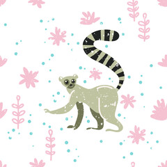 Obraz premium Tropical pattern. Lemur in the jungle. Cute childish illustration with lemur. Vector illustration with lemur and flowers