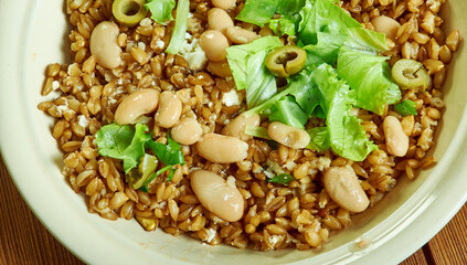 Mediterranean Freekeh Salad with bean and Collard Greens