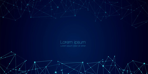 Abstract technology Network nodes with polygonal shapes on dark blue Vector background. Connection science and futuristic technology, digital structure, connected points, web.