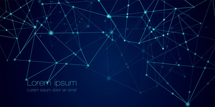 Abstract technology Network nodes with polygonal shapes on dark blue Vector background. Connection science and futuristic technology, digital structure, connected points, web.