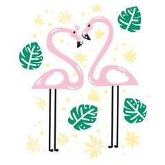 Naklejka premium Two lovers of flamingos in the tropics. Tropical leaves and flowers. A pair of flamingos. Love. Vector image, clipart, editable details.