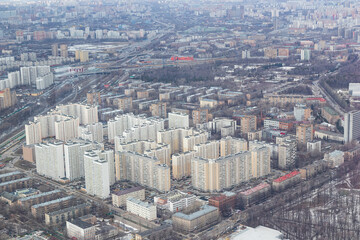 Russia, Moscow, 2019: view from the Ostankino TV tower to the city panorama and residential multi-storey buildings