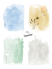 Set of art summer watercolor and doodle hand-painted background