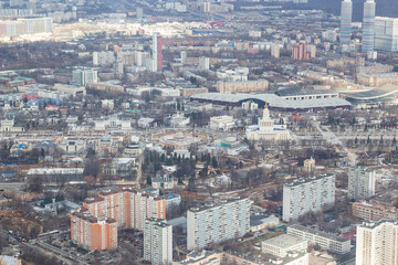 Fototapeta na wymiar Russia, Moscow, 2019: view from the Ostankino TV tower to the panorama of the city, multi-storey residential buildings and the VDNH park