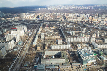 Russia, Moscow, 2019: view from the Ostankino TV tower to the city panorama and residential multi-storey buildings