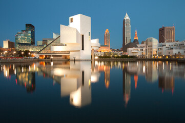 City skyline at dusk from the harbor of Cleveland in the United States