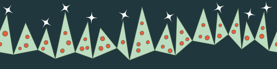 Row of simple christmas trees vector border print. Seasonal embelishment for holiday cards, invitations, posters and packaging. Can be tiled and used as seamless pattern.