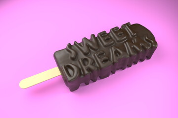 Sweet Dreams text on classic chocolate ice cream isolated on pink background 3d illustration