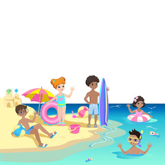 Happy kids play on the beach. Summer vacation by the sea. Children in swimsuits with rubber rings and balls wave handles. Vector illustration.