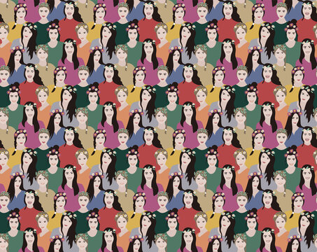woman with wreaths festival midsummer people repeat seamless pattern