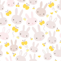Cute bunnies and many rabbits seamless pattern with yellow butterflies, cherries, and hearts on white background. Perfect for fabric, textile, nursery decoration, baby shower. Surface pattern design.